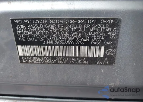 2006 Lexus Is 250 z USA, uszkodzony, nr VIN JTHBK262X65001836